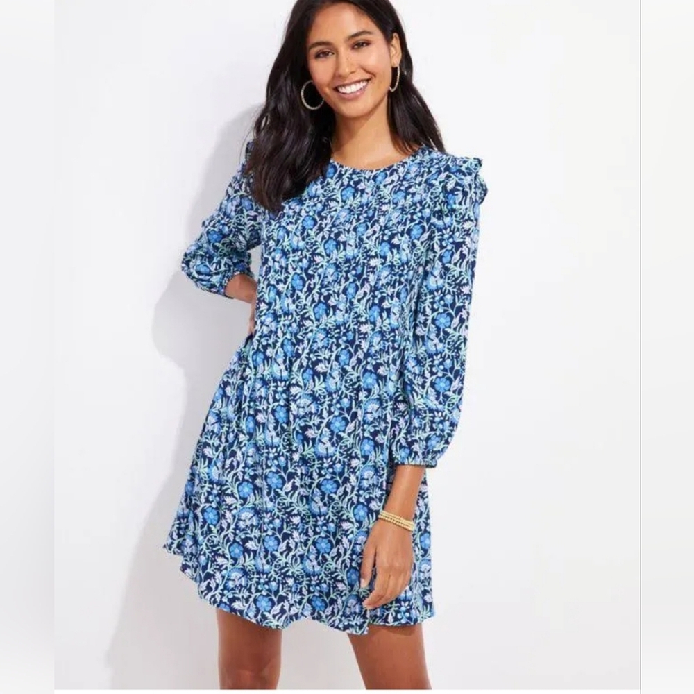 Vineyard Vines Blue Floral Winter Garden Pimtuck Dress  Size M